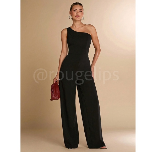 One Shoulder Black Elegant Jumpsuit High Waisted Long Wide Leg - Picture 2 of 7